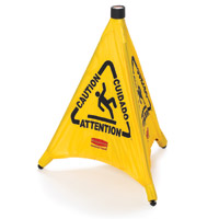 RUBBERMAID® YELLOW POP-UP FLOOR SAFETY CONES 30" Multi-lingual caution & wet floor symbol 21x21x30"