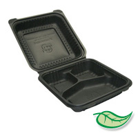 BIODEGRADABLE FOOD PACKAGING BLACK CLAMSHELL STYLE 8x8x3" three compartment