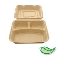 COMPOSTABLE FOOD PACKAGING NATURAL, CLAMSHELL STYLE 8x8x3" three compartment (packed 200)
