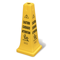 RUBBERMAID® 4-SIDED SQUARE YELLOW SAFETY CONES "Caution" 25" cone multi-lingual 10.5x10.5x25.75"