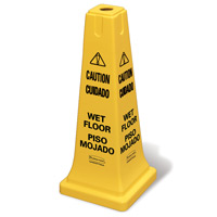 RUBBERMAID® 4-SIDED SQUARE YELLOW SAFETY CONES "Caution Wet Floor" 25" cone multi-lingual 10.5x10.5x25.75"