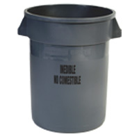 BRUTE® 32 GALLON ROUND FOOD PROCESSING CONTAINERS Gray "Inedible" label Eng/Span 22x27.25"