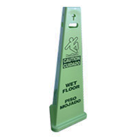 "CAUTION WET FLOOR" 3- SIDED SAFETY SIGN Bright Green 40" tall, English and Spanish.
