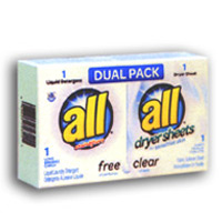 ALL® FREE & CLEAR DUAL VEND PACKS (100) Each box includes 1 Liq Detergen Pouch & 1 Fabric Softener Sheet...