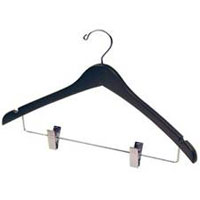 BLACK WOOD CLOTHING HANGER OPEN HOOK 17" Women's Skirt, Clips, 100 Pk Contoured