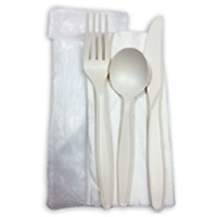 COMPOSTABLE UTENSIL SET, INDIVIDUALLY WRAPPED Fork, knife, spoon, napkin 200 sets per case