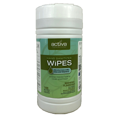 ACTIVA® 75% ALCOHOL HAND SANITIZER WIPES CANISTER Packed 8 canisters of 100 wipes per case.