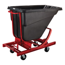 RUBBERMAID® BLACK SELF DUMPING BULK HOPPERS 1/2cu yd tilt truck with casters 750lb capacity 55x26.25x47.63"