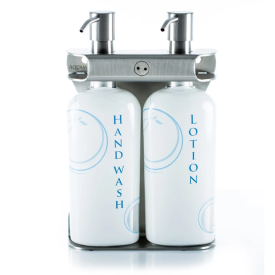 EARTH CONSCIOUS™ DOUBLE GUEST AMENITY DISPENSER Brushed Stainless Steel Doube (2) Oval Shaped Bottles