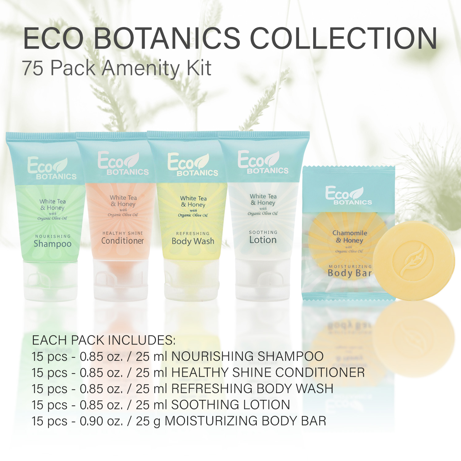 ECO BOTANICS 15ea AMENITY KIT ORGANIC KIT Packed 15ea 0.85oz Lotion,Soap, Conditioner, Shampoo & Body Wash