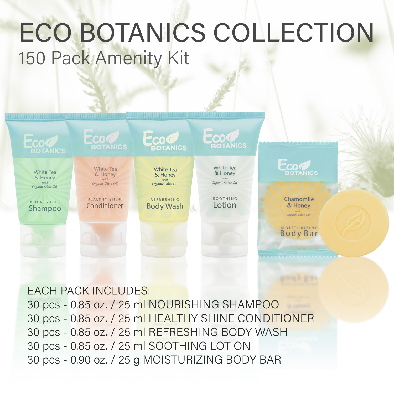 ECO BOTANICS 30ea AMENITY KIT ORGANIC KIT Packed 30ea 0.85oz Lotion,Soap, Conditioner, Shampoo & Body Wash...