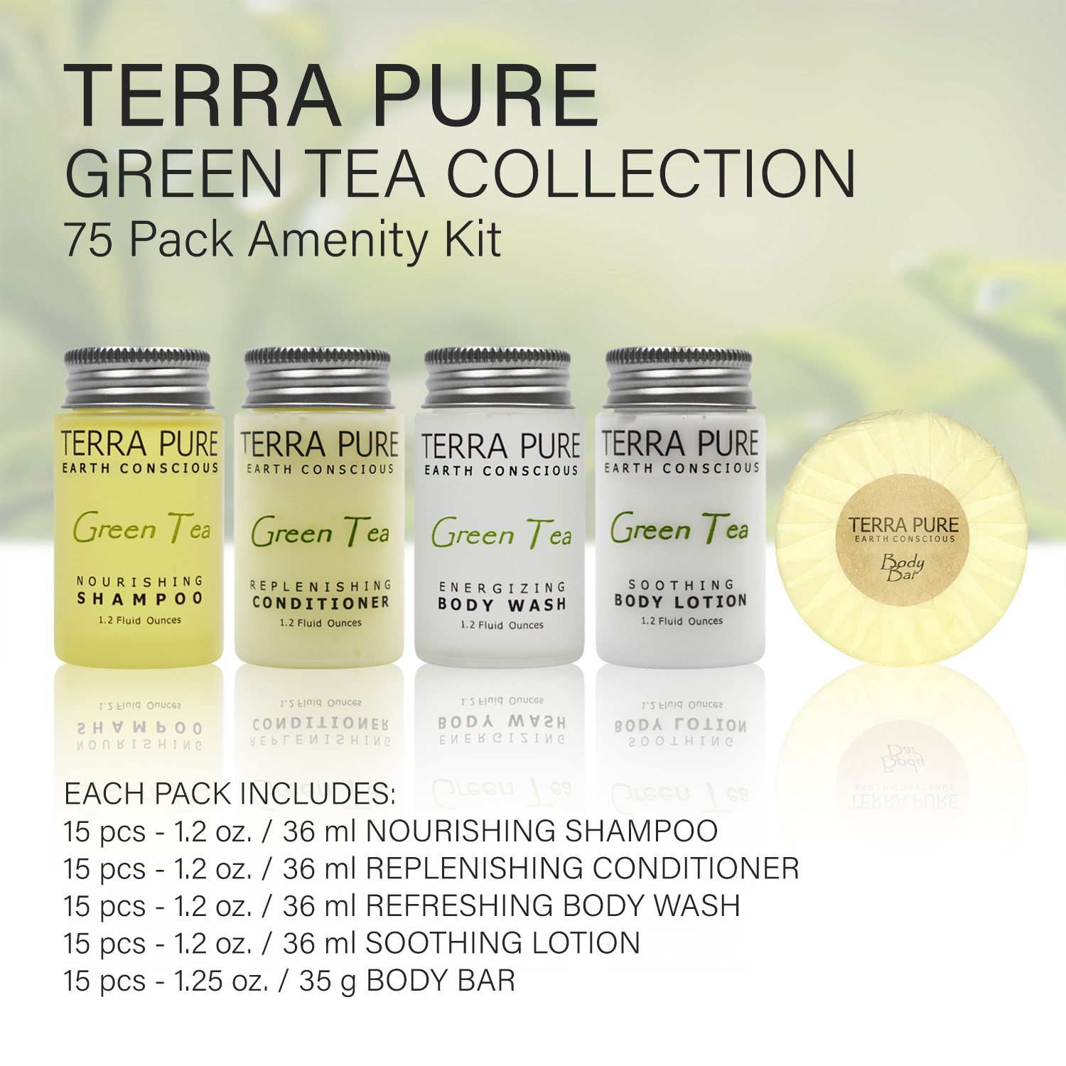 TERRA PURE 15ea AMENITY KIT ORGANIC KIT Packed 15ea 1.2oz Lotion,Soap, Conditioner, Shampoo & Body Wash