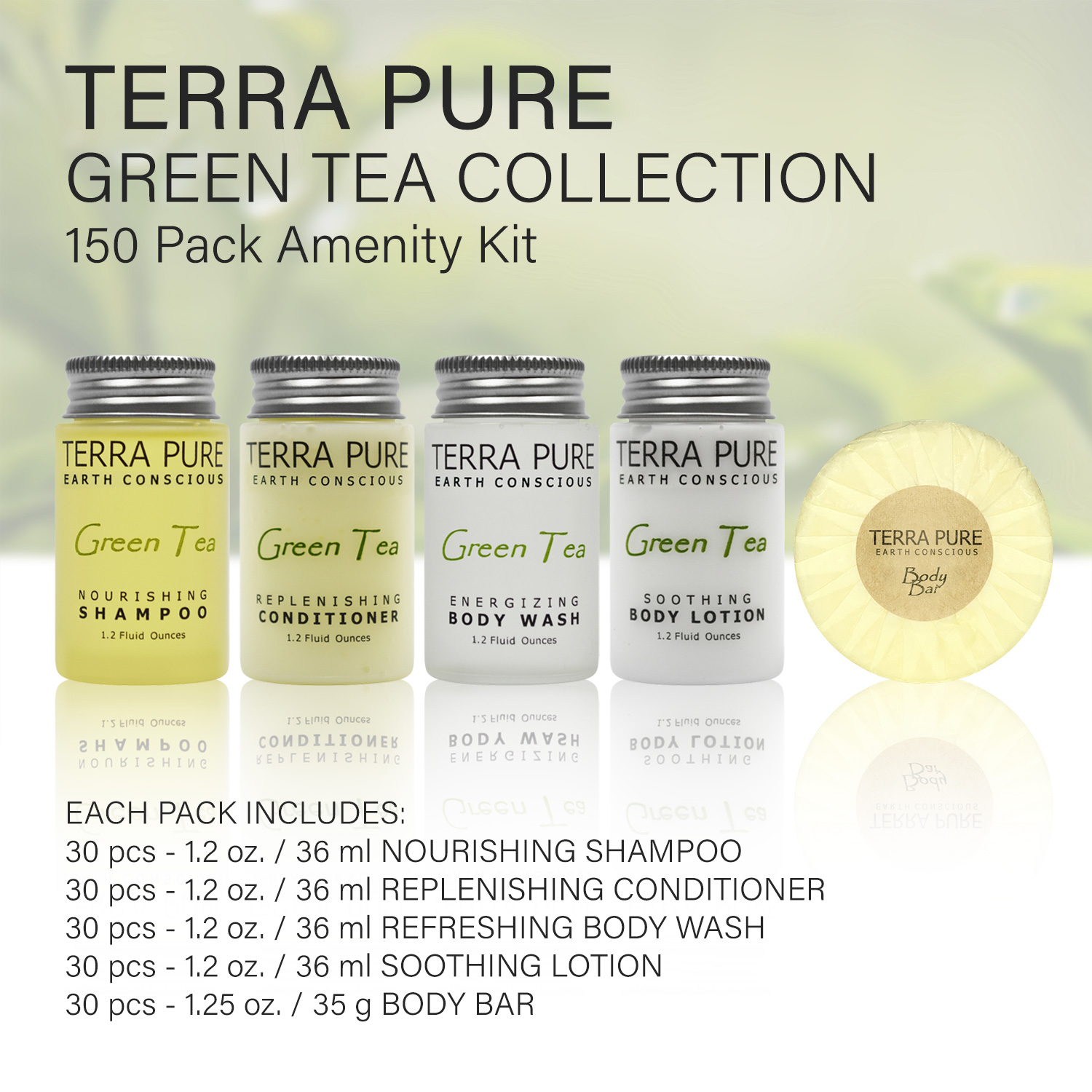TERRA PURE 30ea AMENITY KIT ORGANIC KIT Packed 30ea 1.2oz Lotion,Soap, Conditioner, Shampoo & Body Wash