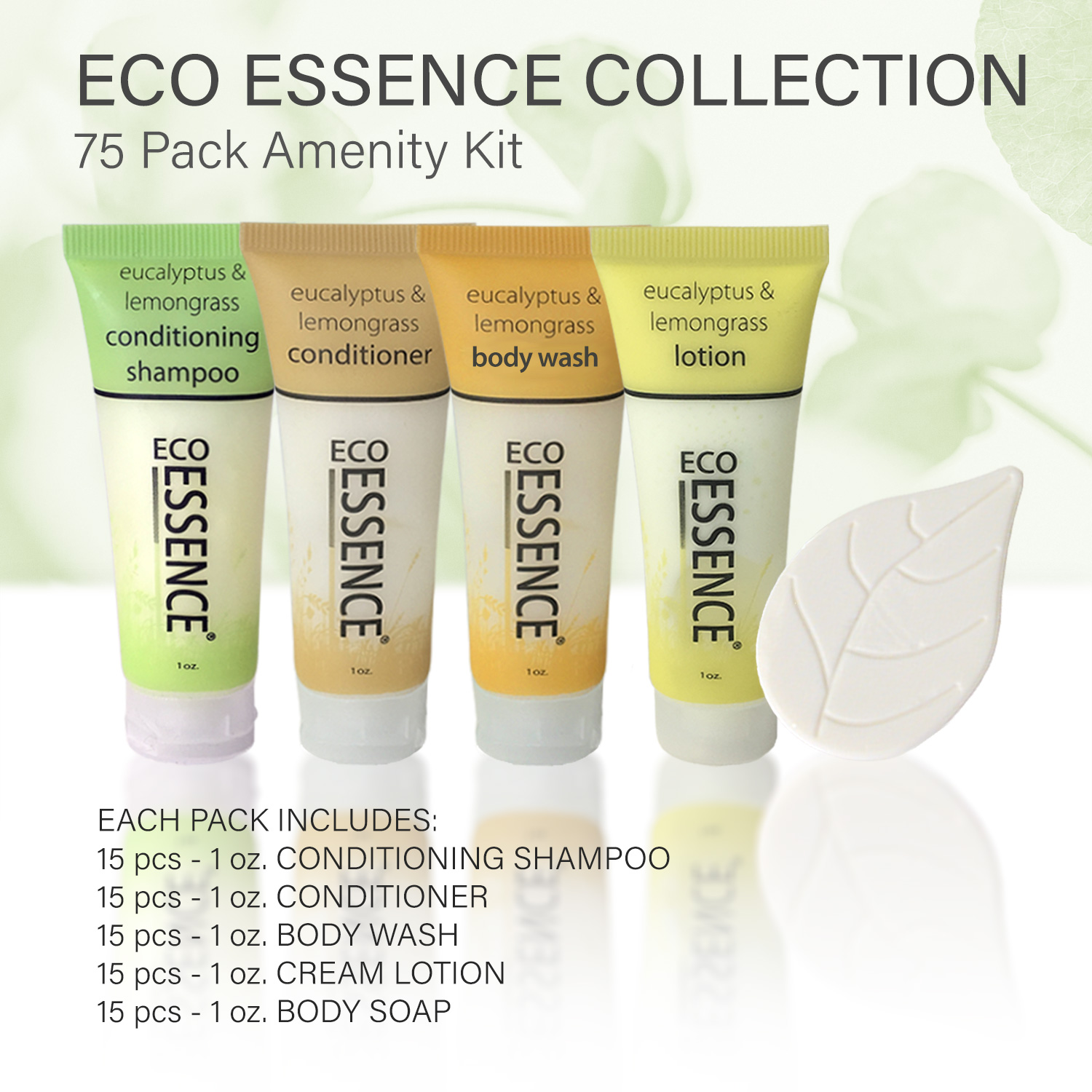 ECO ESSENCE® ORGANIC AMENITY KIT - EUCALYPTUS AND LEMONGRASS Packed 15ea 1oz Lotion,Soap, Conditioner, Shampoo & Body Wash