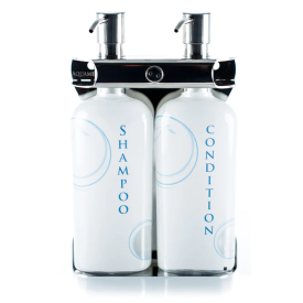 TWO BOTTLE STAINLESS STEEL DISPENSER White Generic Bottles 