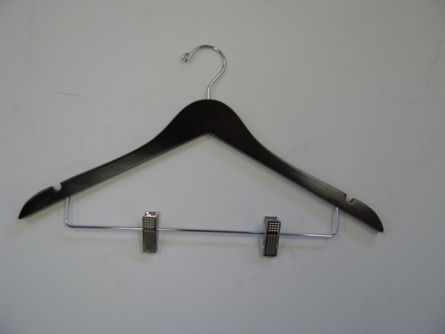 LADIES SKIRT HANGER WITH CLIPS AND U NOTCHES, FLAT Walnut with chrome open hook 