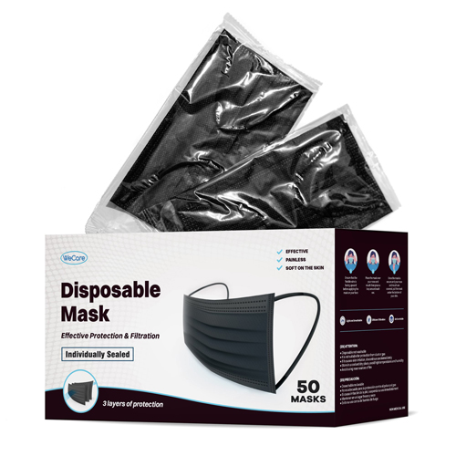 INDIVIDUALLY WRAPPED DISPOSABLE 3/PLY FACE MASKS With elastic ear Loops. Packed 50. Blue