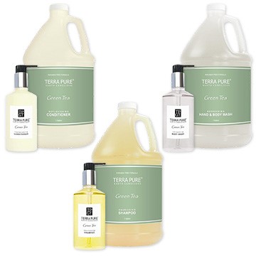 TERRA PURE PUMP BOTTLES WITH REFILL GALLONS KIT Packed 1ea 10.14oz & Gal Body Wash, Conditioner & Shampoo