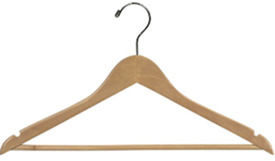 NATURAL WOOD CLOTHING HANGER OPEN HOOK, WITH NOTCHES Men's Suit, 18" 100/cs Flat