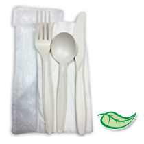 COMPOSTABLE UTENSIL SET, INDIVIDUALLY WRAPPED Fork, knife, spoon, napkin 250 sets per case